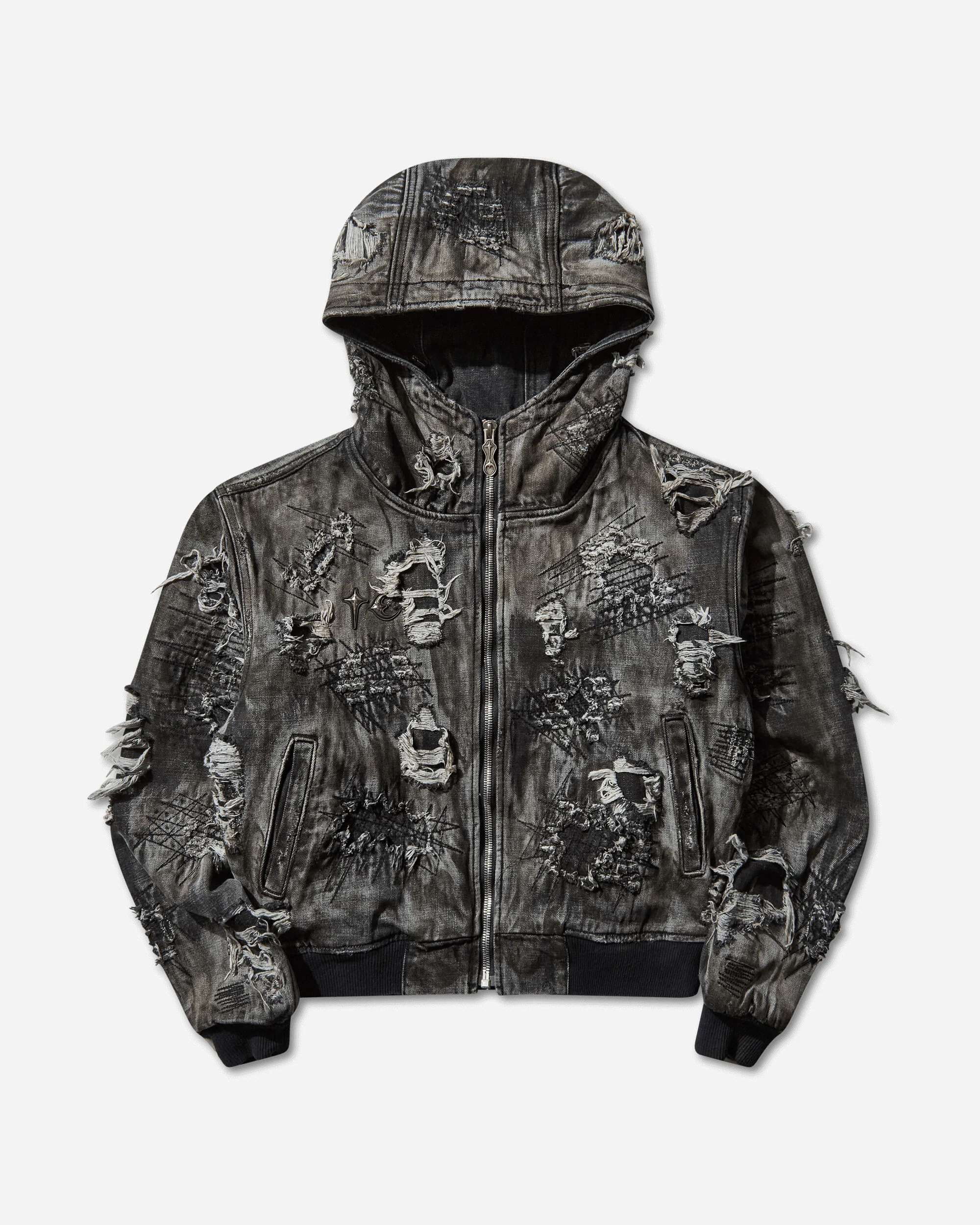 Men's Hard-Washed Damaged Denim Hooded Zip-Up Jacket Black